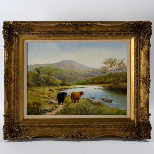 1584 - Richard Rhead Simm (born 1926), oil on canvas, Highland cattle, signed, 28cm x 38cm, framed