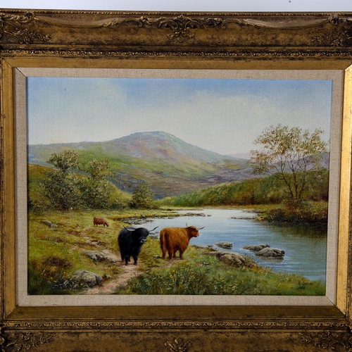 1584 - Richard Rhead Simm (born 1926), oil on canvas, Highland cattle, signed, 28cm x 38cm, framed