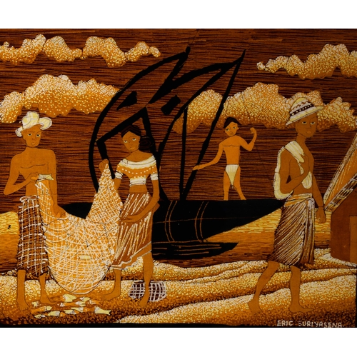 1587 - Eric Suriyasena, batik painting, Indian fishermen, signed, image 38cm x 45cm, framed