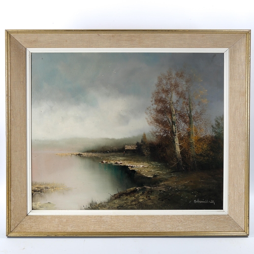 1589 - Karl Schmidbauer (1921 - 1998), oil on canvas, misty lake scene, signed, 50cm x 62cm, framed