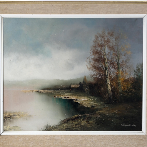 1589 - Karl Schmidbauer (1921 - 1998), oil on canvas, misty lake scene, signed, 50cm x 62cm, framed