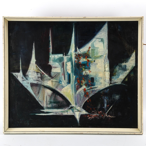 1591 - Mid-20th century oil on board, abstract composition, unsigned, 50cm x 60cm, framed