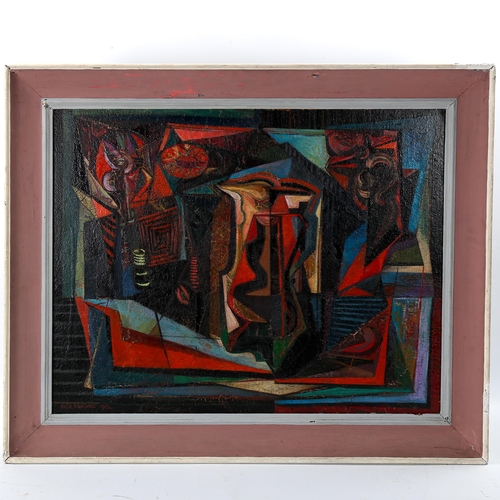 1592 - Paul Holmes, oil on board, abstract composition, signed and dated 1954, 55cm x 71cm, framed