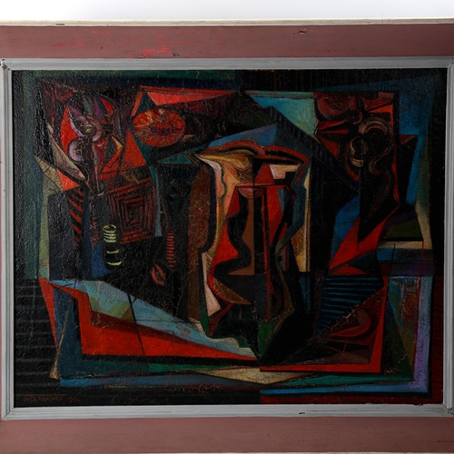 1592 - Paul Holmes, oil on board, abstract composition, signed and dated 1954, 55cm x 71cm, framed