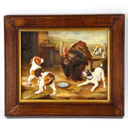 1599 - A contemporary oil on panel, dogs with a turkey in the farmyard, unsigned, 19cm x 23cm, framed