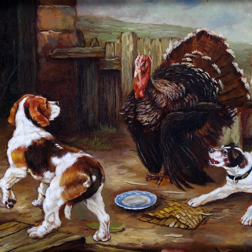 1599 - A contemporary oil on panel, dogs with a turkey in the farmyard, unsigned, 19cm x 23cm, framed