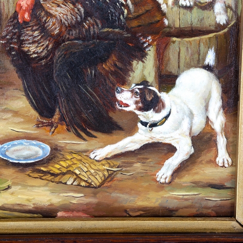 1599 - A contemporary oil on panel, dogs with a turkey in the farmyard, unsigned, 19cm x 23cm, framed