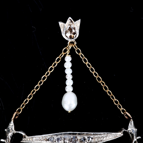 425 - A Victorian pearl and diamond lavaliere pendant, unmarked gold and silver settings with whole cultur... 