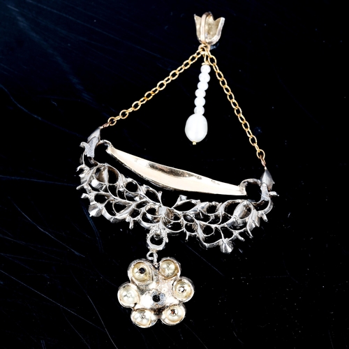 425 - A Victorian pearl and diamond lavaliere pendant, unmarked gold and silver settings with whole cultur... 