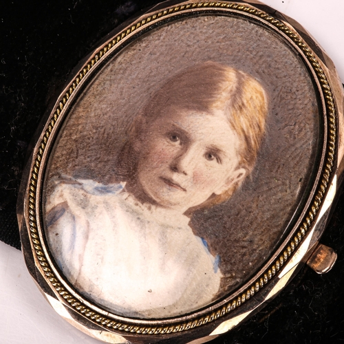 426 - A Victorian portrait frame bracelet, unmarked yellow metal settings on black velvet strap, with prin... 