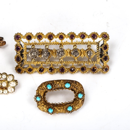 427 - Various Victorian brooches, comprising 15ct pearl knot bar brooch, 3.9g, 9ct pearl bow example, 6.2g... 