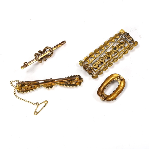 427 - Various Victorian brooches, comprising 15ct pearl knot bar brooch, 3.9g, 9ct pearl bow example, 6.2g... 