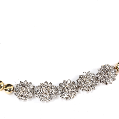 433 - An 18ct gold diamond cluster bracelet, cylinder links with 5 clusters of modern round brilliant-cut ... 