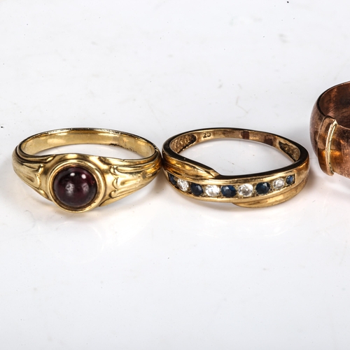 435 - 3 x 9ct gold rings, 9.7g, and an unmarked yellow metal cabochon garnet ring, 2.2g (4)