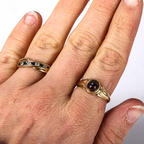 435 - 3 x 9ct gold rings, 9.7g, and an unmarked yellow metal cabochon garnet ring, 2.2g (4)