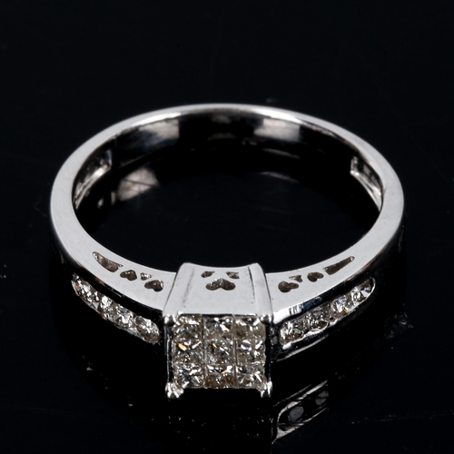 440 - A modern 18ct white gold diamond square cluster ring, set with Princess and modern round brilliant-c... 