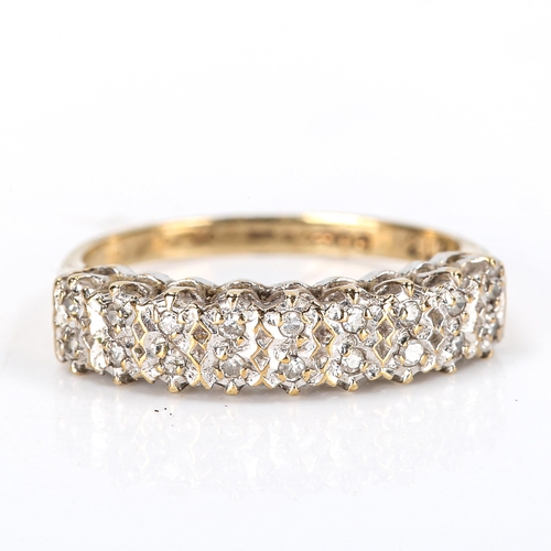 442 - A modern 9ct gold diamond half hoop ring, set with double-row of single-cut diamonds, total diamond ... 