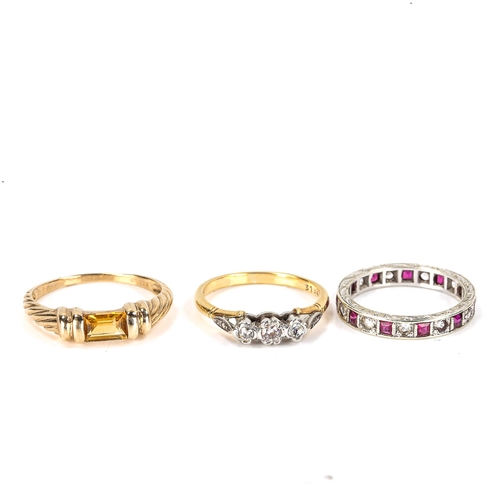 443 - 3 gold stone set rings, comprising 18ct 3-stone example, 2.5g, 9ct citrine, 1.8g, and 9ct white gold... 