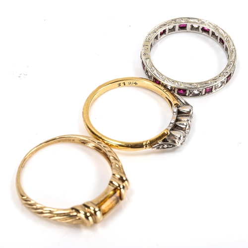 443 - 3 gold stone set rings, comprising 18ct 3-stone example, 2.5g, 9ct citrine, 1.8g, and 9ct white gold... 