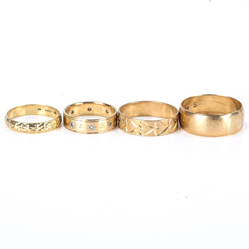 446 - 4 x 9ct gold wedding band rings, largest band width 8.3mm, sizes N, Q, T and X, 12.8g total (4)