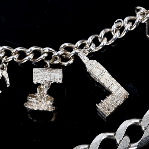 448 - 2 silver bracelets, comprising heavy flat curb link, and heart padlock charm, lengths 21cm and 17cm ... 