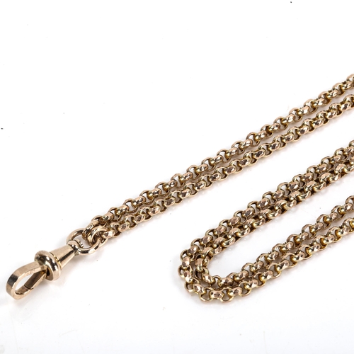 450 - A Victorian 9ct gold faceted belcher link long guard chain, with 9ct dog clip, chain length 150cm, 2... 