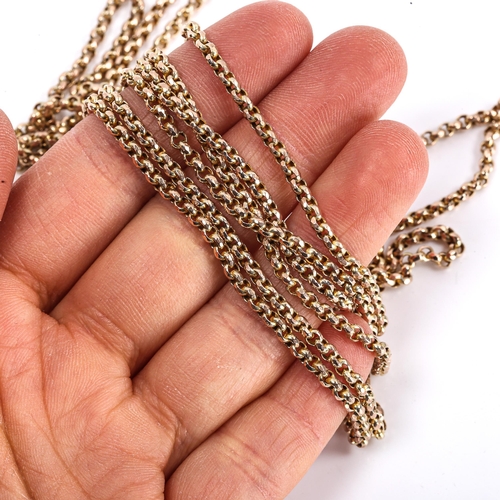 450 - A Victorian 9ct gold faceted belcher link long guard chain, with 9ct dog clip, chain length 150cm, 2... 