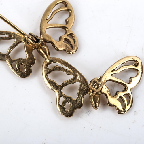 471 - A 9ct gold figural double butterfly brooch, openwork settings, brooch length 43.6mm, 4.5g