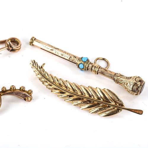 472 - 3 x 9ct gold brooches, 5.8g, and a miniature stone set propelling pencil, fern length 48.6mm (4)