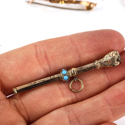 472 - 3 x 9ct gold brooches, 5.8g, and a miniature stone set propelling pencil, fern length 48.6mm (4)