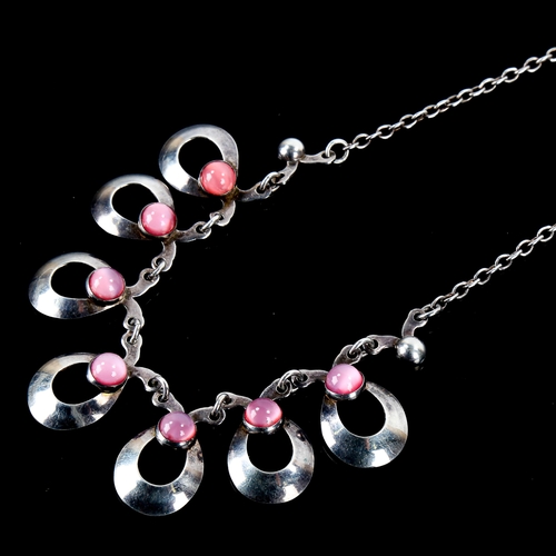 482 - HERMANN SIERSBOL - a Vintage Danish stylised sterling silver and pink moonstone necklace, length 44c... 