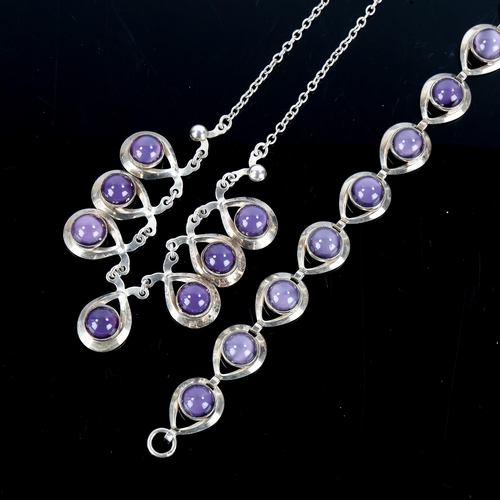 483 - HERMANN SIERSBOL - a Vintage Danish stylised sterling silver and purple moonstone demi-parure, compr... 