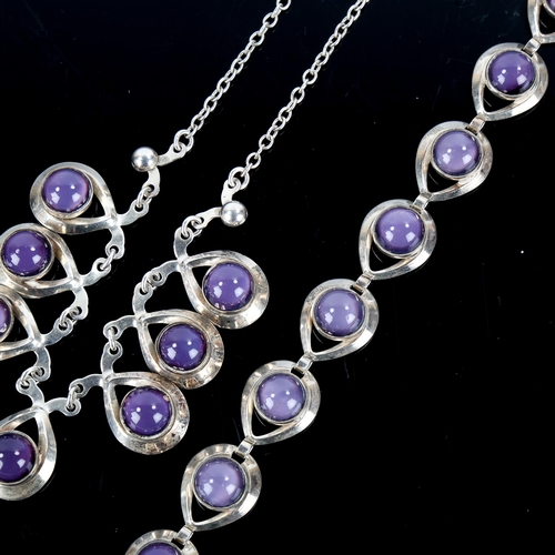 483 - HERMANN SIERSBOL - a Vintage Danish stylised sterling silver and purple moonstone demi-parure, compr... 