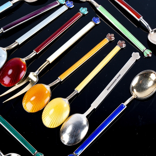 487 - DAVID ANDERSEN - a group of Vintage Norwegian vermeil sterling silver and harlequin enamel flatware,... 