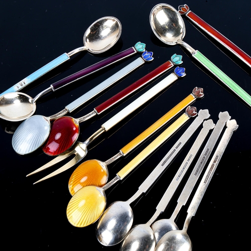 487 - DAVID ANDERSEN - a group of Vintage Norwegian vermeil sterling silver and harlequin enamel flatware,... 