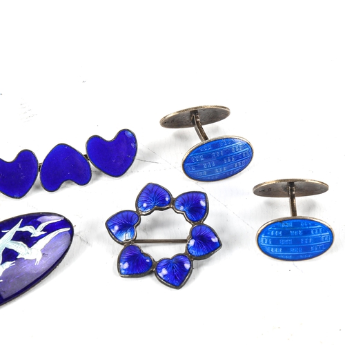 496 - Various Scandinavian silver and blue enamel jewellery, comprising 3 brooches, and pair of cufflinks,... 