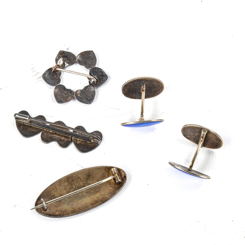 496 - Various Scandinavian silver and blue enamel jewellery, comprising 3 brooches, and pair of cufflinks,... 