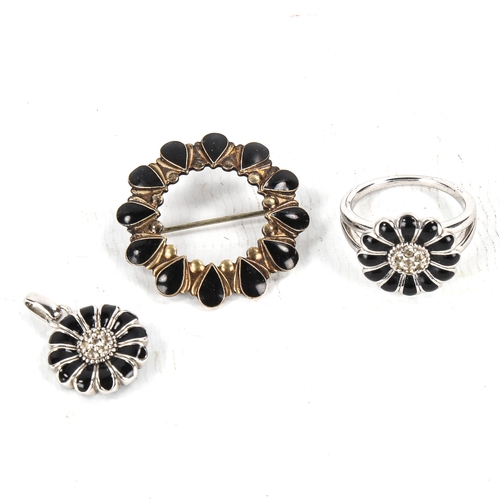 497 - Various Danish silver and black enamel jewellery, comprising ring, pendant and brooch, maker's inclu... 