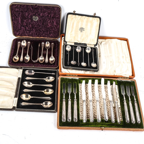 498 - Various cased sets of cutlery, including silver-handled dessert knives and forks for 6 people, teasp... 