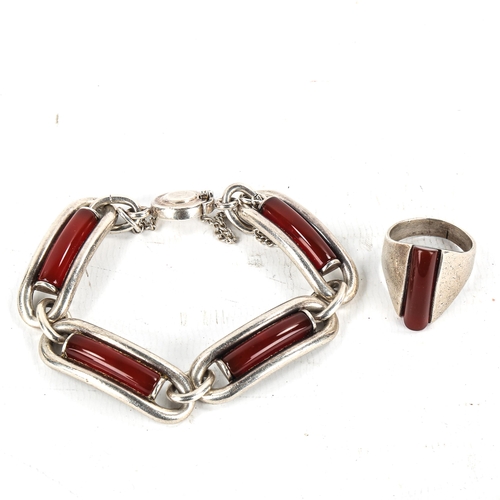 499 - NIELS ERIK FROM - a Vintage Danish sterling silver and carnelian matching bracelet and ring set, bra... 