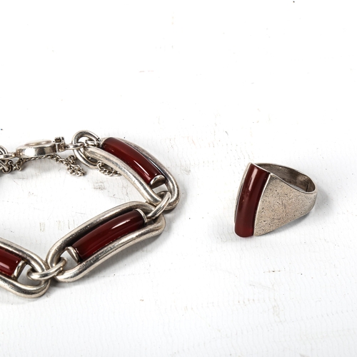 499 - NIELS ERIK FROM - a Vintage Danish sterling silver and carnelian matching bracelet and ring set, bra... 