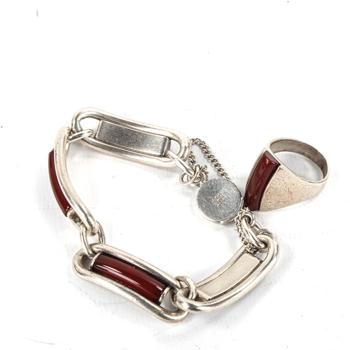 499 - NIELS ERIK FROM - a Vintage Danish sterling silver and carnelian matching bracelet and ring set, bra... 