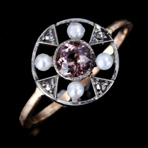 503 - An Antique morganite pearl and diamond target ring, setting height 12.4mm, size M/N, 2.6g