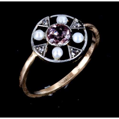 503 - An Antique morganite pearl and diamond target ring, setting height 12.4mm, size M/N, 2.6g