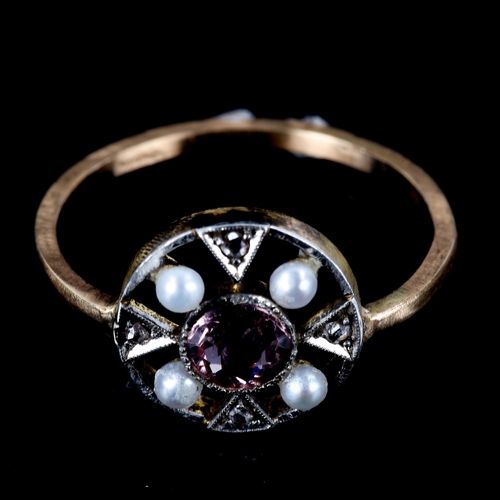 503 - An Antique morganite pearl and diamond target ring, setting height 12.4mm, size M/N, 2.6g