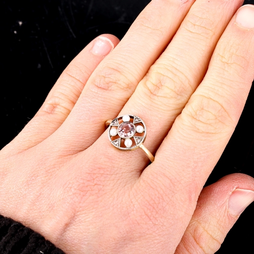 503 - An Antique morganite pearl and diamond target ring, setting height 12.4mm, size M/N, 2.6g