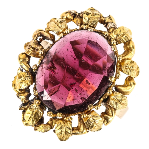 505 - A large Antique flat top garnet ring, unmarked gold floral surround, setting height 25.2mm, size P, ... 