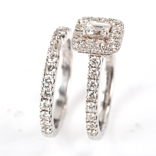 507 - A modern 14ct white gold diamond bridal engagement ring set, comprising halo cluster and half eterni... 