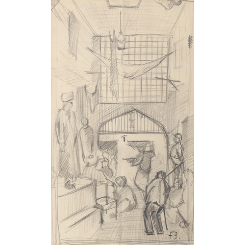 1604 - Attributed to Frank Brangwyn, pencil sketch, interior scene, signed with monogram, 33cm x 19cm, fram... 