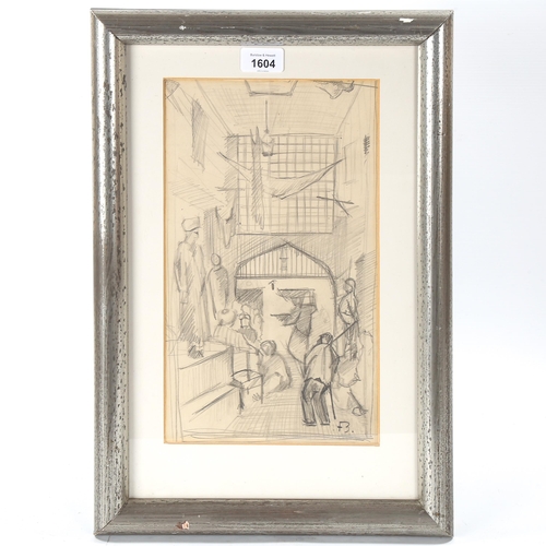 1604 - Attributed to Frank Brangwyn, pencil sketch, interior scene, signed with monogram, 33cm x 19cm, fram... 